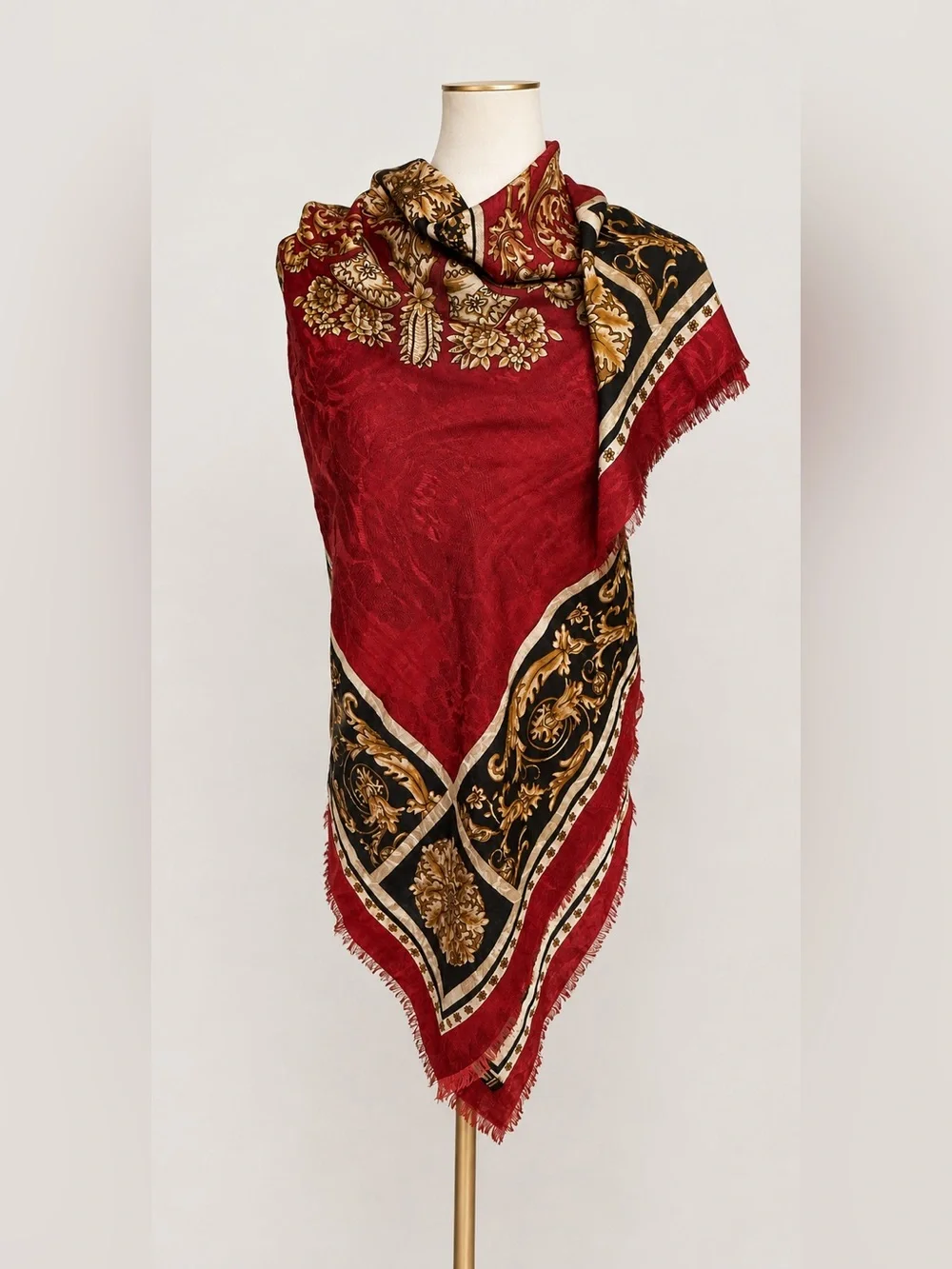 VTG Smithsonian Institution 100% Wool Baroque Scarf Shawl Italy 55” Square Red